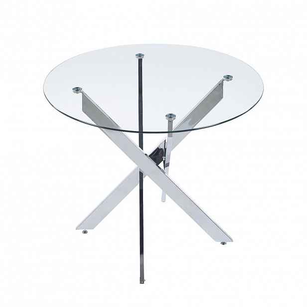 Modfu JÍDELNÍ stůl ze skla a kovu 80x80x75 cm stříbrný s kulatou deskou a stabilní křížovou podnoží
