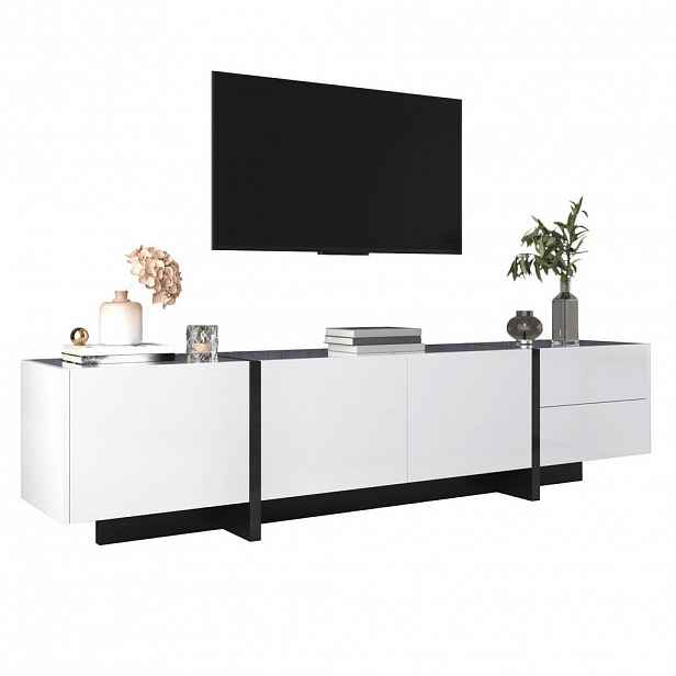 Modfu TV stolek z dřevotřísky 190x45x35 cm bílá a černá se 3 dvířky, 2 zásuvkami a vysokým leskem
