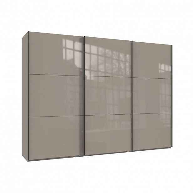 luma-home SKŘÍŇ S POSUVNÝMI DVEŘMI, 3dveřová, 300 × 216 × 65 cm (Š×V×H), v pískově šedé barvě se skleněnými čely, včetně kompletního vybavení / 22037