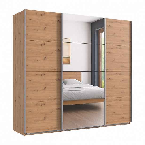 luma-home SKŘÍŇ S POSUVNÝMI DVEŘMI, 3dveřová, šířka 225 cm, výška 208 cm, hloubka 64 cm, dekor dub Artisan, s jedním zrcadlovým křídlem / 22520