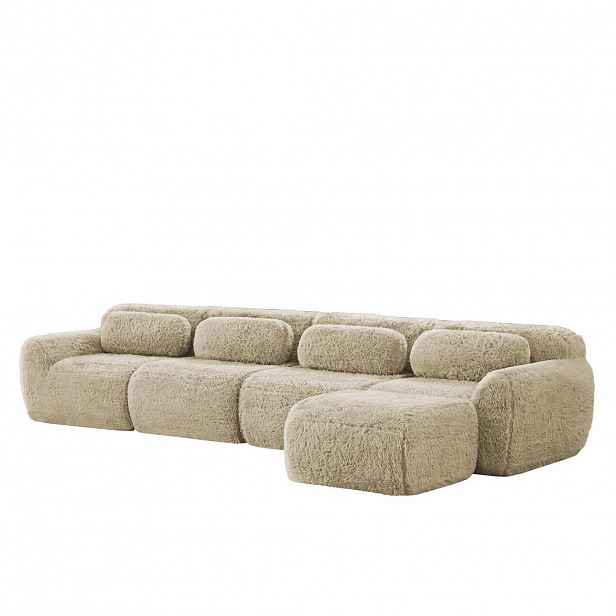 Modfu MODULÁRNÍ rohová pohovka z plyše světle 378x179x73 cm khaki 4místná bez montáže s lenoškou a polštáři