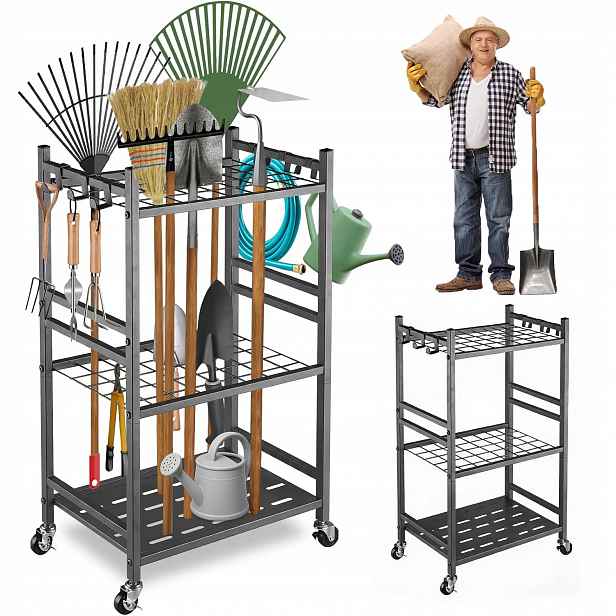 Organizér Na Zahradní Nářadí, Lopaty, 3 Úrovně, Háčky, Kovový Stojan