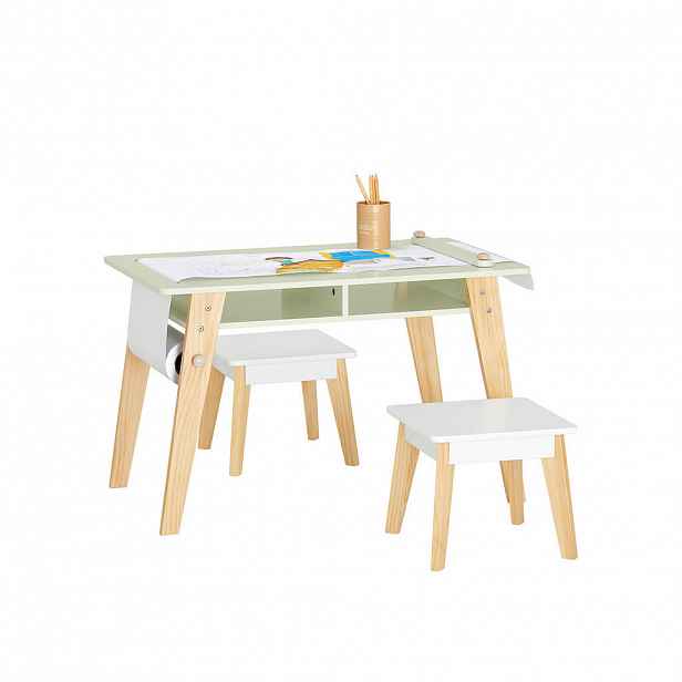SoBuy STŮL se 2 dětskými stoličkami a 1 policí Zelená 80x48x50cm Nordický