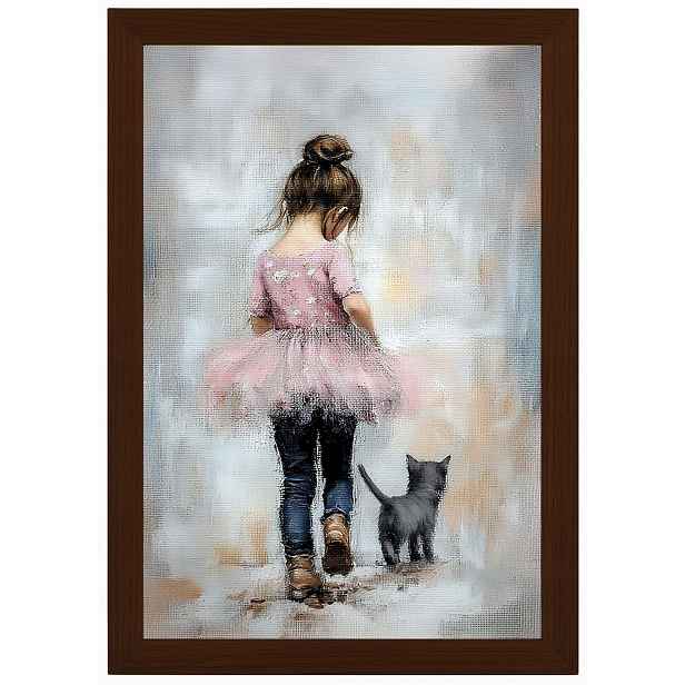 Plakát Rámeček Dřevo Dívka Růžová Princezna Kočka Procházka 40x60
