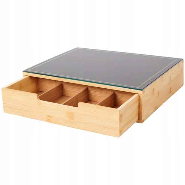 Bambusový Organizér Skleněná Deska Mini Bar Grafika Zlatý Rámeček 30x30 CM