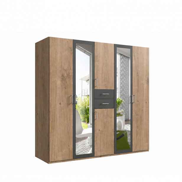 luma-home SKŘÍŇ S OTOČNÝMI DVEŘMI Š225/V208/H58 cm, dekor dub s grafitovými akcenty, se 2 zrcadlovými dveřmi a zásuvkami / 22592