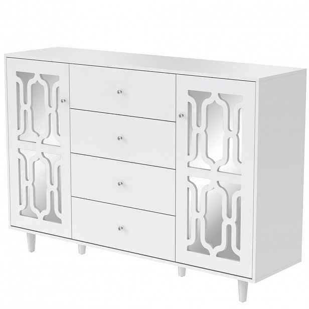 Modfu KOMODA z MDF 147,5x102x40 cm bílá se zrcadlovým povrchem, 2 dvířky, 4 zásuvkami a křišťálovými úchytkami