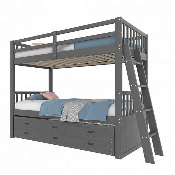 OKWISH DĚTSKÁ palanda 90/200 cm šedá se 3 zásuvkami a výsuvnou přistýlkou