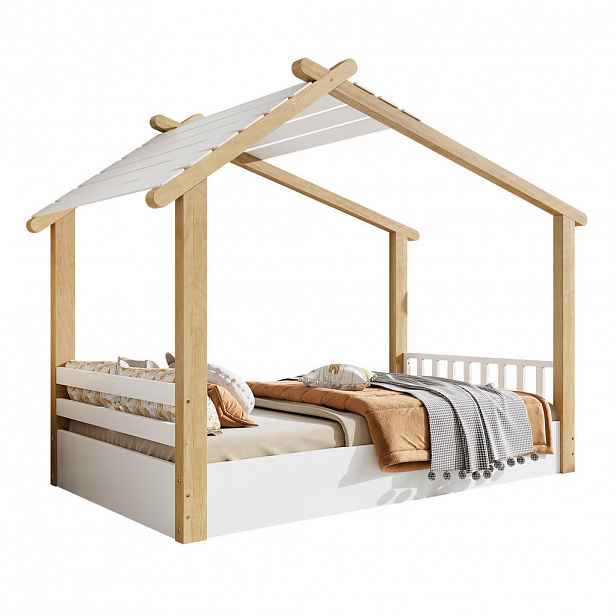 CHICFURN DĚTSKÁ POSTEL 90/200 cm v bílé a přírodní barvě s domečkovým designem