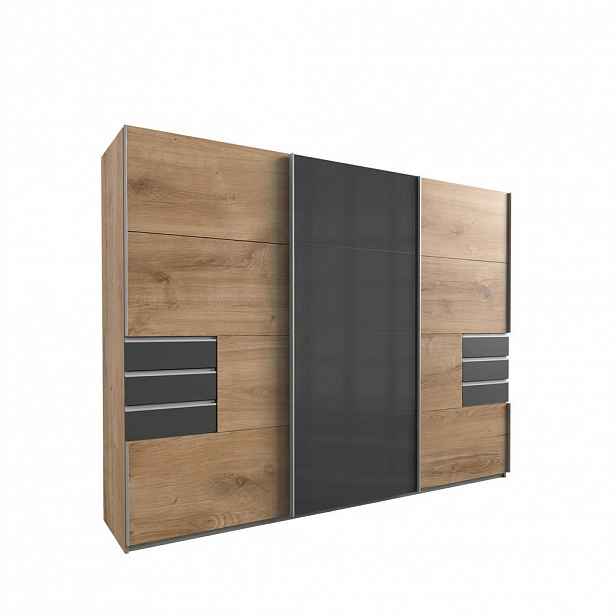 luma-home SKŘÍŇ S POSUVNÝMI DVEŘMI, 270 × 208 × 64 cm (Š×V×H), dekor dub, prostřední dveře se sklem v šedé barvě, se zásuvkami v grafitové barvě / 226