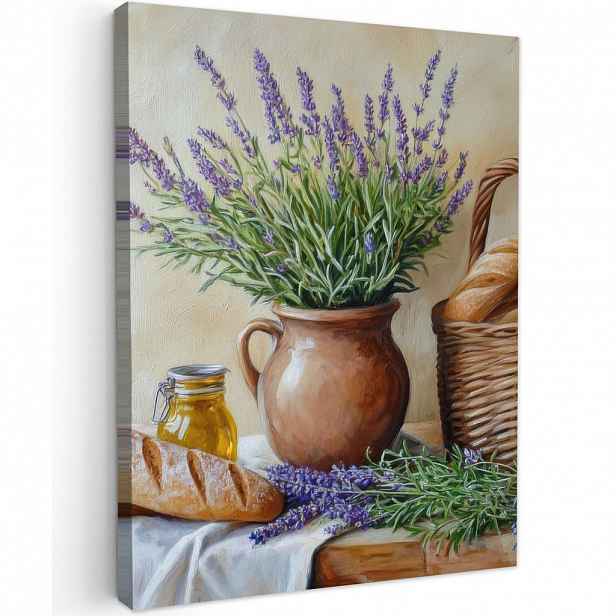 MuchoWow OBRAZ NA PLÁTNĚ Levandule - Chléb - Zátiší 60x80 cm