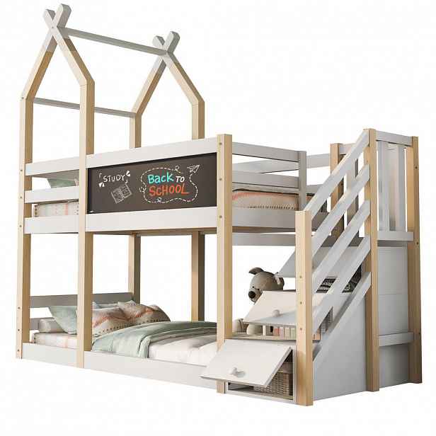 OKWISH PATROVÁ postel 90/200 cm v bílém designu s tabulí a ochranou proti pádu