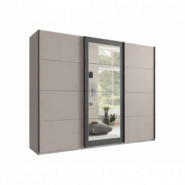luma-home SKŘÍŇ S POSUVNÝMI DVEŘMI, 3dveřová, 270 × 210 × 65 cm (Š×V×H), zrcadlové dveře, v pískově šedé barvě s akcenty v antracitové barvě / 22007