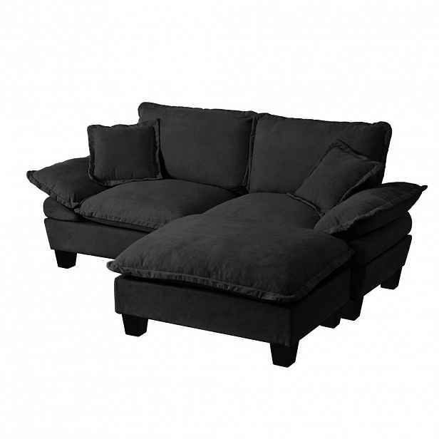 Modfu ROHOVÁ pohovka z chenille 194x151x90 cm černá s pohyblivým otomanem a 2 polštáři, měkké pohodlí