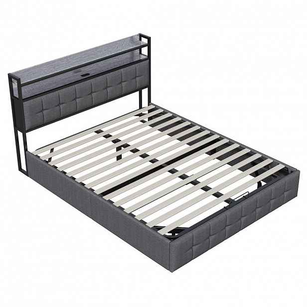 SHOPENTRA ČALOUNĚNÁ postel 140x190 cm šedá LED s USB úložným prostorem