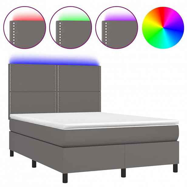 vidaXL Box spring postel s matrací a LED šedá 140x200 cm umělá kůže