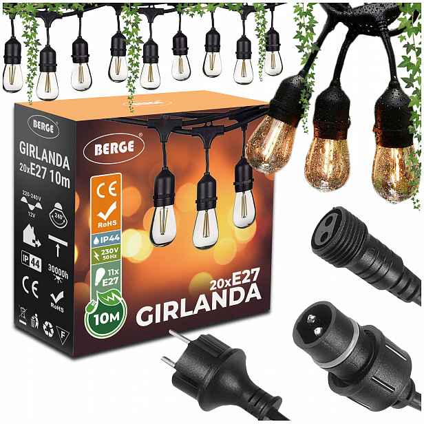Světelný zahradní řetěz 10m 20x Led žárovka 1W, hustý, voděodolný