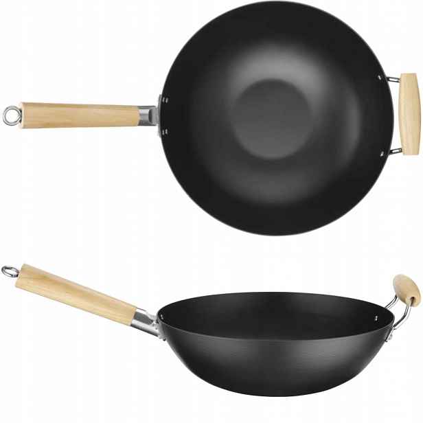 Wok z uhlíkové oceli s dřevěnými úchyty, průměr 324 mm