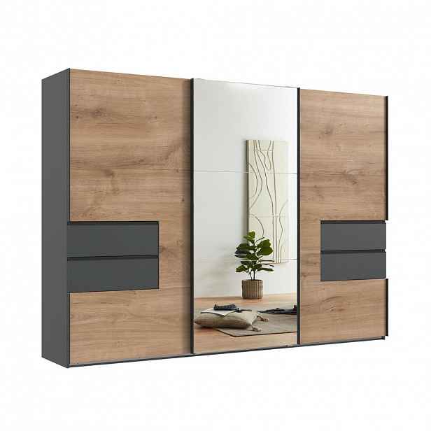 luma-home SKŘÍŇ S POSUVNÝMI DVEŘMI, 3dveřová, 300 × 216 × 65 cm (Š×V×H), korpus a zásuvky v barvě grafit, dveře v dekoru dub / zrcadlové / 22055