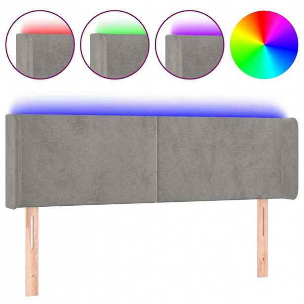 vidaXL Čelo postele s LED světle šedé 147 x 16 x 78/88 cm samet
