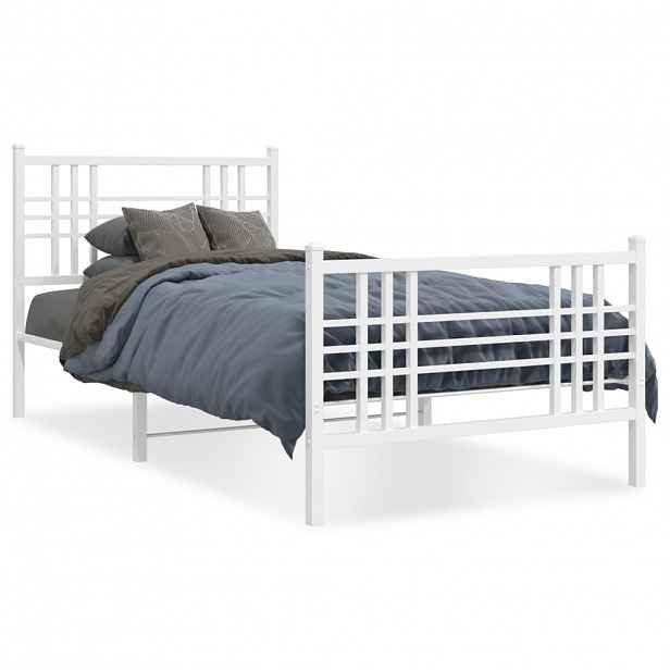 vidaXL Kovový rám postele s hlavovým a nožním čelem bílý 90 x 190 cm