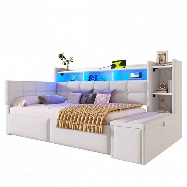 CHICFURN POSTEL 90/190 cm v bílé barvě se 2 zásuvkami, LED, USB a Type-C