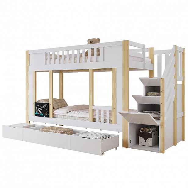 OKWISH PATROVÁ postel 90/200 cm bílá/přírodní z borovice/MDF se schodišťovou skříňkou