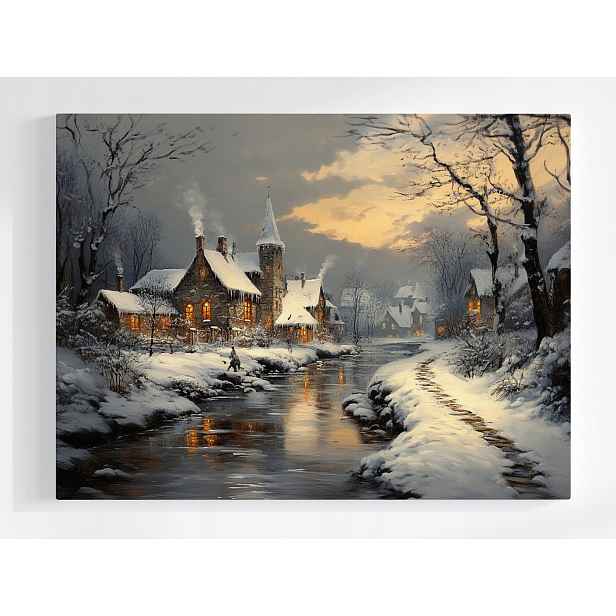 Plakát Krajina Město Řeka Domy Zima Sníh Mráz 100x75