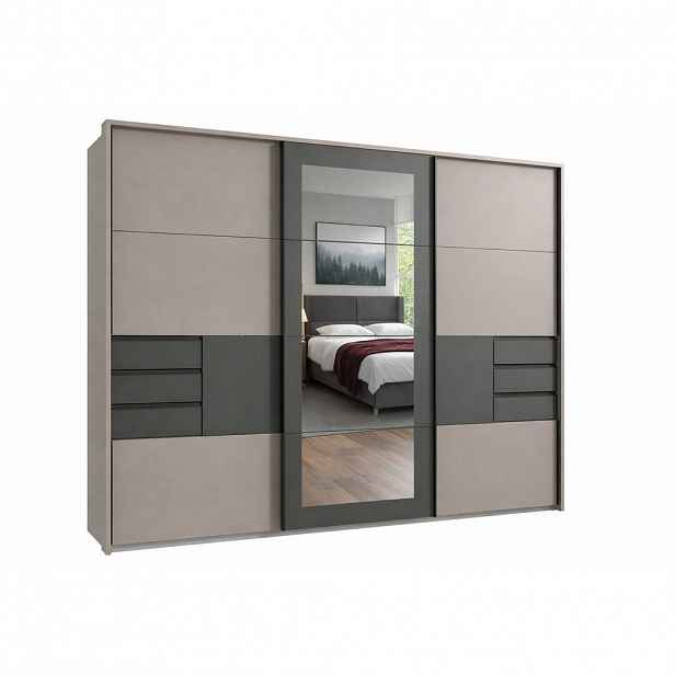 luma-home SKŘÍŇ S POSUVNÝMI DVEŘMI, 3dveřová, 273 × 213 × 64 cm (Š×V×H), pískově šedá s grafitovými akcenty, pasparta/zrcadlo/zásuvky / 22508