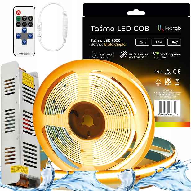 Sada Led pásku Neon Cob 24V 5m 3000K IP67 Teplá Bílá Napájecí Adaptér Dálkový Ovladač 8mm