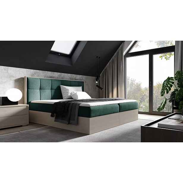 Čalouněná manželská postel 200x220 CHANTELLE 8 - nordic teak / zelená + topper ZDARMA