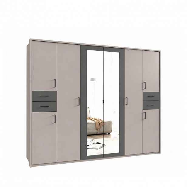 luma-home SKŘÍŇ S OTOČNÝMI DVEŘMI Š273/V210/H58 cm, pískově šedá s grafitovými akcenty, s paspartou, 2 zrcadlovými dveřmi a zásuvkami, černé úchytky /