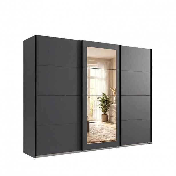 luma-home SKŘÍŇ S VZDUŠNÝMI DVEŘMI, 3dveřová, šířka 270 cm, výška 208 cm, hloubka 64 cm, šatní skříň v grafitové barvě, uprostřed zrcadlo, úchytky čer