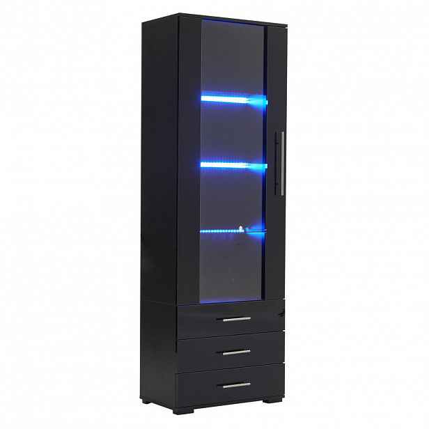 Modfu VITRÍNA z MDF 60x35x180 cm černá s LED osvětlením, 3 zásuvkami a vysokým leskem