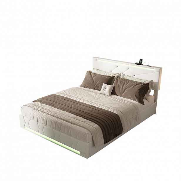 SHOPENTRA ČALOUNĚNÁ postel 140x190 cm Béžová lněná LED USB Bedbox