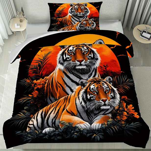 TEMU 2/3dílná sada povlečení na přikrývku Tiger Sunset Jungle | 1 povlak na přikrývku + 2 povlaky na polštáře, výrazná a exotická tématická ložnice,