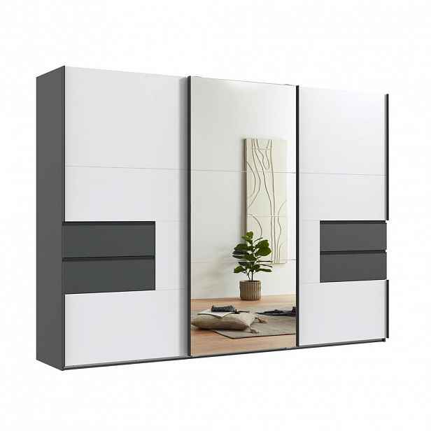 luma-home SKŘÍŇ S POSUVNÝMI DVEŘMI, 3dveřová, 300 × 216 × 65 cm (Š×V×H), korpus a zásuvky v barvě grafit, dveře bílé / zrcadlové / 22054