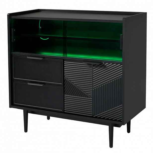 Modfu ÚLOŽNÁ skříňka z MDF 80x35x80 cm černá se skleněnými posuvnými dveřmi, zásuvkami a LED osvětlením