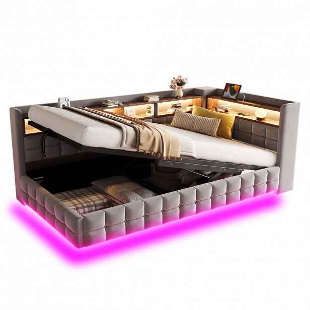 CHICFURN ČALOUNĚNÁ POSTEL 90/200 cm ve světle šedé barvě s úložným prostorem, LED a USB-C