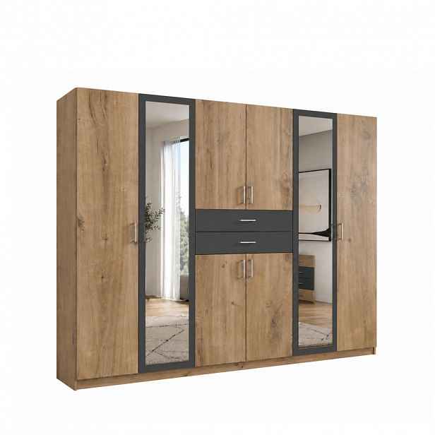 luma-home SKŘÍŇ S OTOČNÝMI DVEŘMI Š270/V208/H58 cm, dekor dub s grafitovými akcenty, se 2 zrcadlovými dveřmi a zásuvkami / 22596