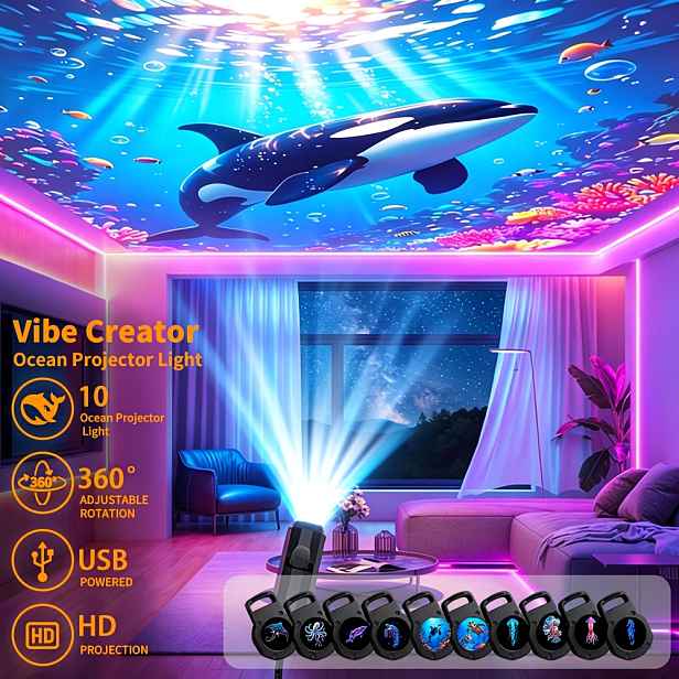 TEMU Projektor nočního světla s oceánskými zvířaty otočný o 60°, USB RGB HD projekční lampa s mořským životem a ohebným husím krkem, vzory medúzy,