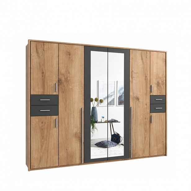 luma-home SKŘÍŇ S OTOČNÝMI DVEŘMI Š273/V210/H58 cm, dekor dubu s grafitovými akcenty, s paspartou, 2 zrcadlovými dveřmi a zásuvkami / 22576