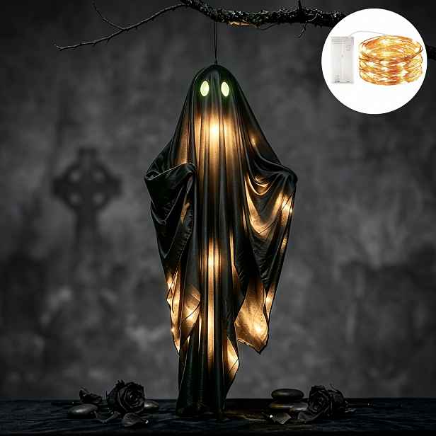 TEMU 1 sada (2 ks) Halloweenské teplé bílé LED řetězové světýlka s černou závěsnou dekorací, 100 cm/39,4 palce černá + LED řetězová světla, přihrádka