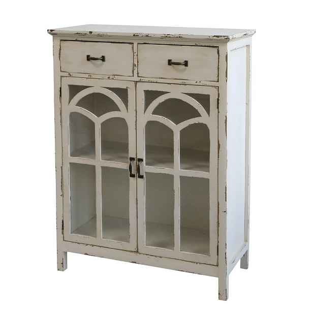 Krémová dřevěná komoda s prosklenými dvířky Old Satin- 70*32*92cm Chic Antique
