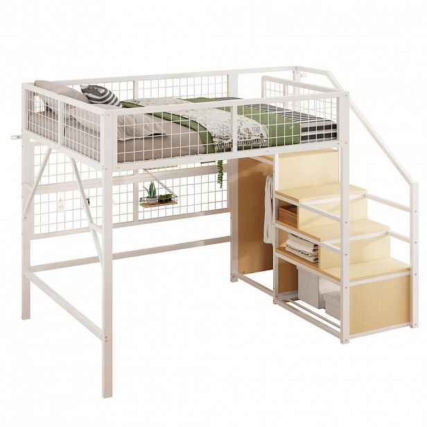 OKWISH VYSOKÁ postel 255/145/170 cm bílá s LED osvětlením a úložnými schody z kovu a MDF