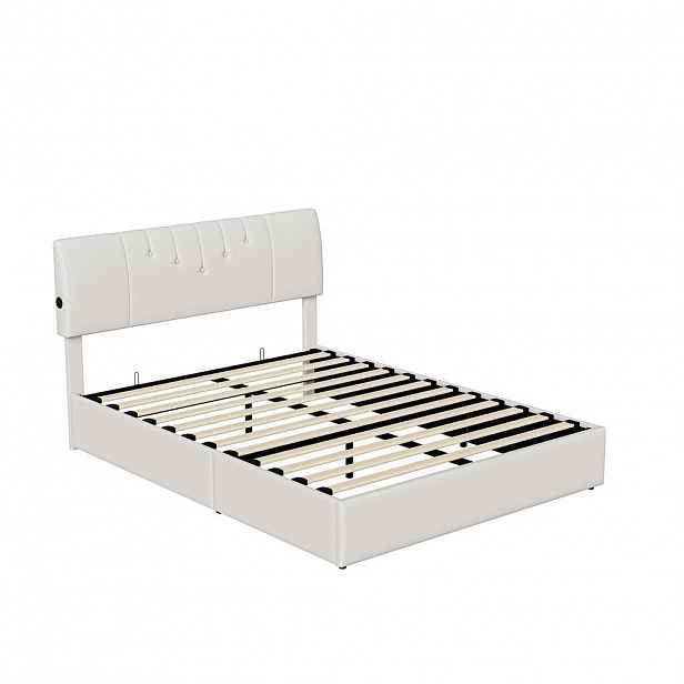 SHOPENTRA ČALOUNĚNÁ postel 140/190 cm ecru s bed boxem a USB porty