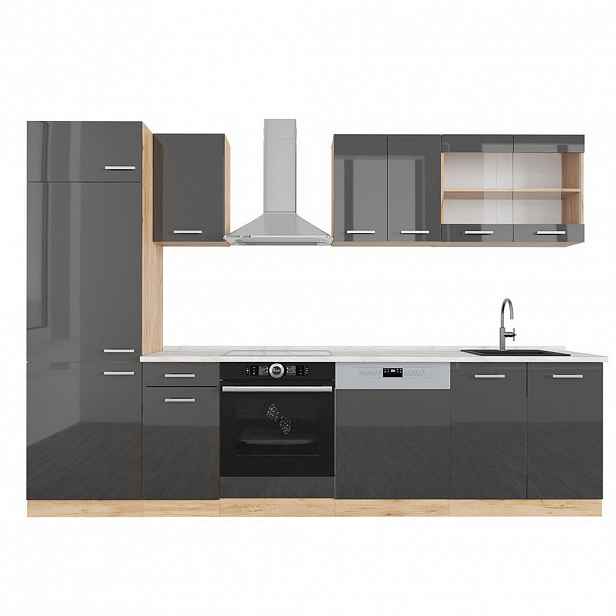 Vicco KUCHYŇSKÝ KOUT R-Line Antracitový vysoký lesk/zlatý dub power 300 cm , PD Mramor