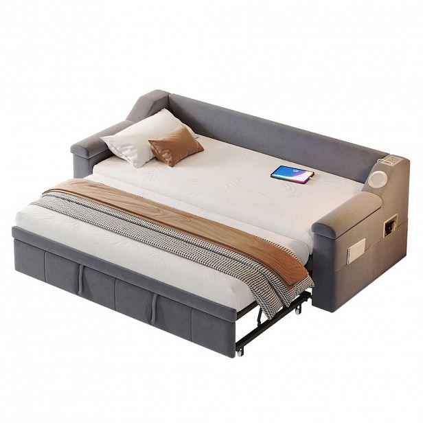 OKWISH ROZKLÁDACÍ pohovka 90/180x190 cm šedá z veluru s Bluetooth a USB porty