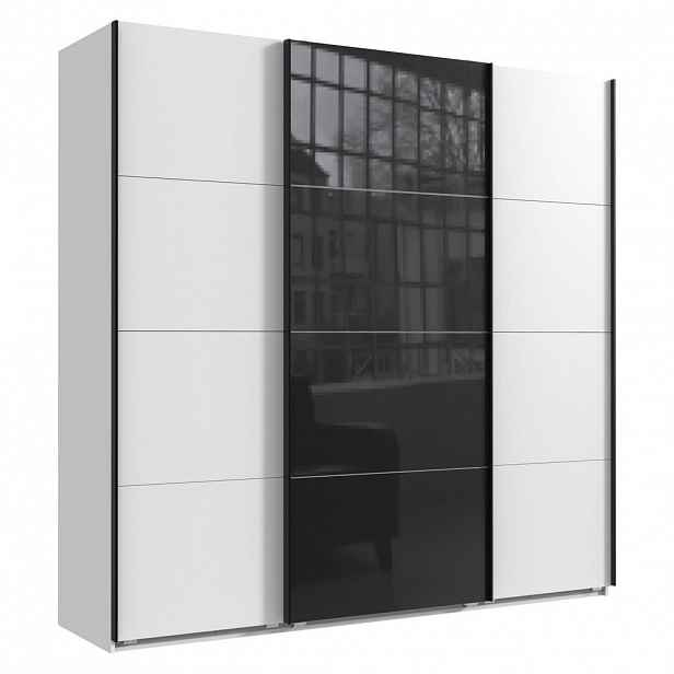 luma-home SKŘÍŇ S POSUVNÝMI DVEŘMI, 3dveřová, šířka 225 cm, výška 236 cm, hloubka 64 cm, extra vysoká, bílá, s jedněmi skleněnými dveřmi v černé barvě
