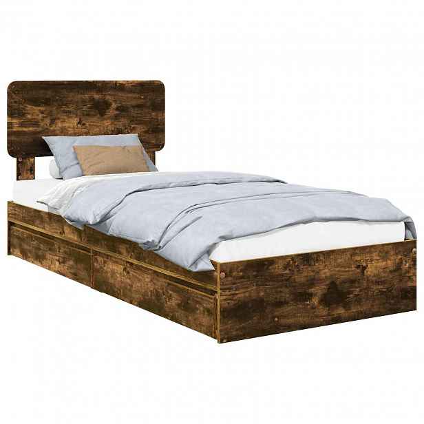 vidaXL Postel s úložným prostorem se zásuvkou Kouřový dub 90 x 190 cm